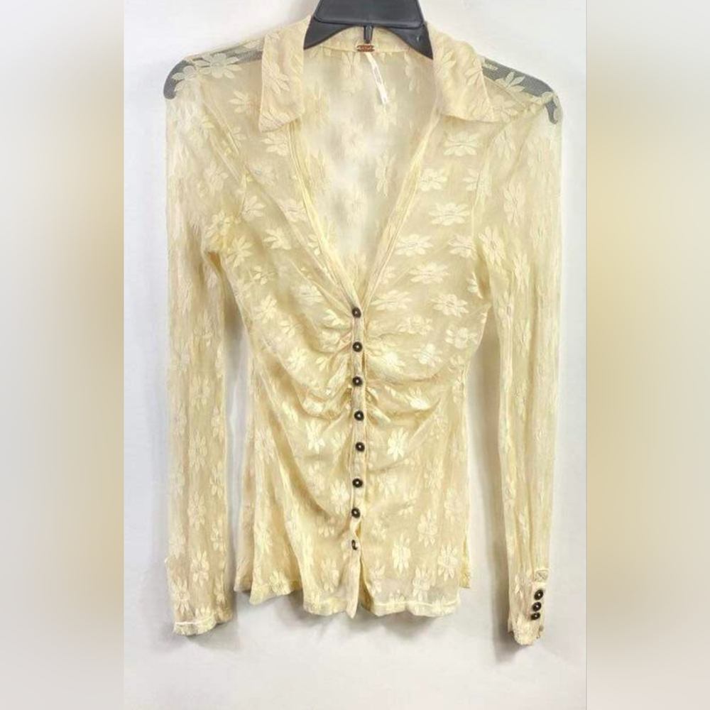 Summer Free People Ivory Floral Lace Button Down Blouse